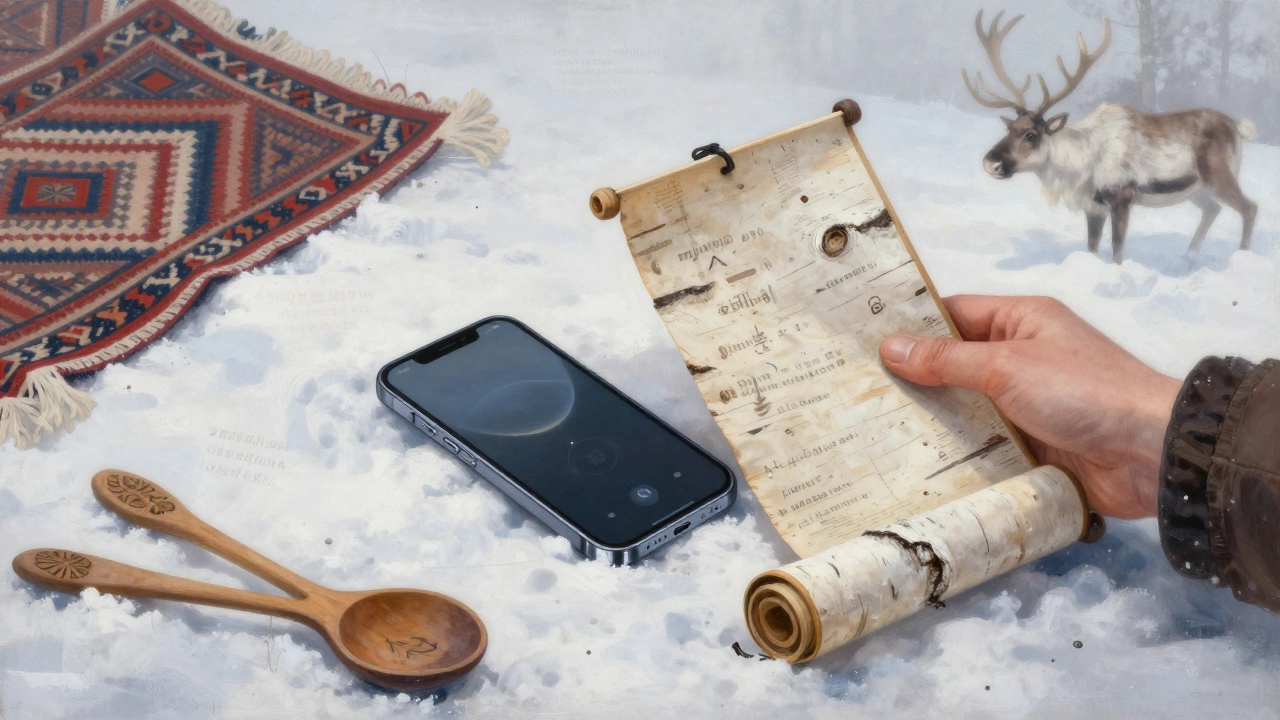 Рука держит берестяной свиток рядом с выключенным смартфоном в снегу — символ выбора между культурой и технологией.