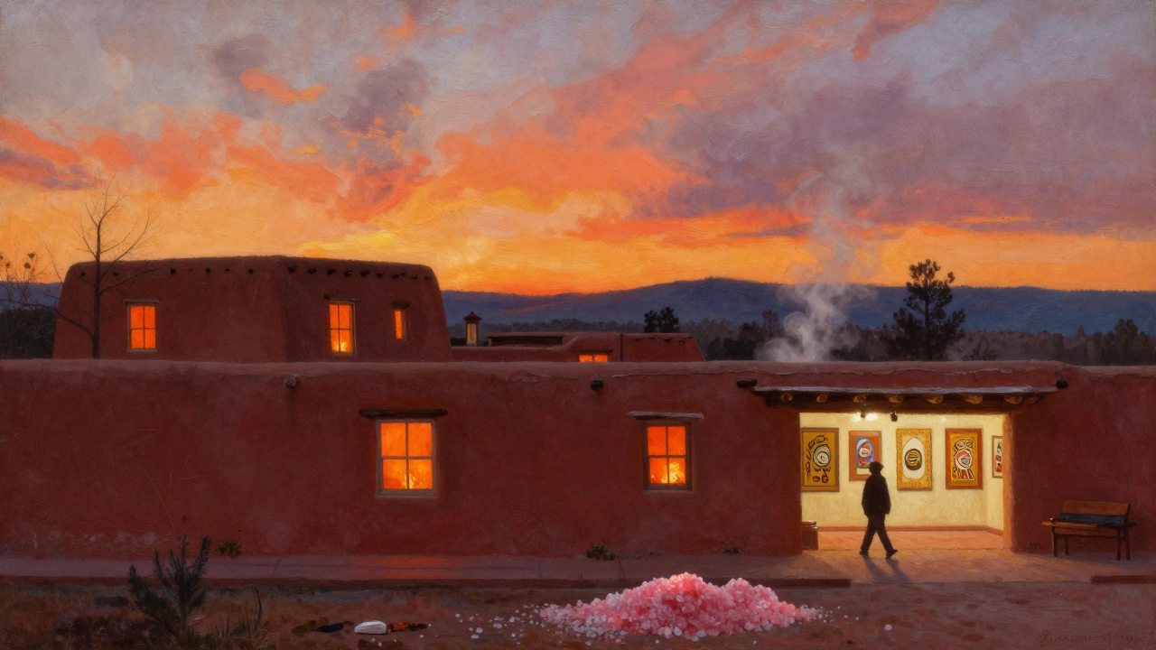 Санта-Фе на закате: земляные дома светятся, как угли, на фоне гор, с индейским искусством.