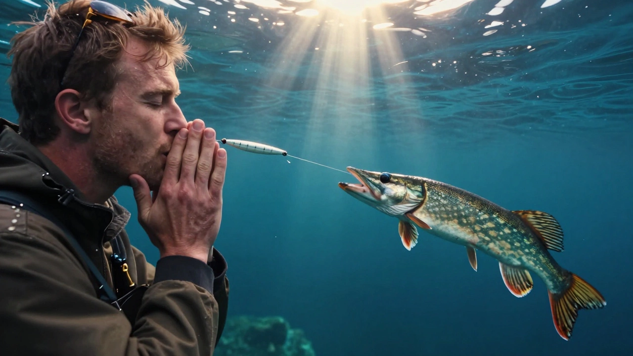 Split scene: fisherman whispering above water, pike striking lure below — no sound, only motion.