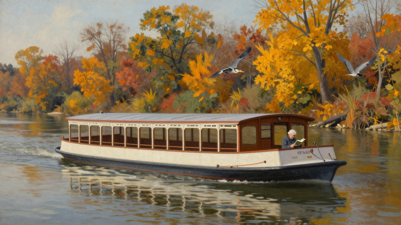 Тихий осенний круиз на Миссури, золотая листва, одинокий пассажир на палубе, журавль в небе.