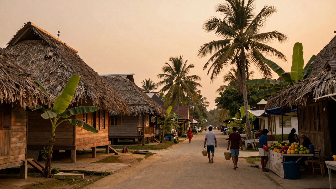 Tropical village at sunset with thatched houses, palm trees, and locals walking along shaded streets.