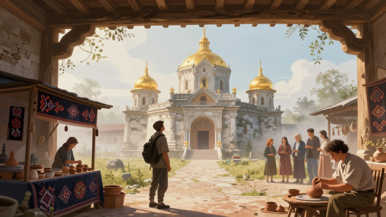 Туристы наблюдают за мастером, лепящим глиняную посуду у старинного храма в Золотом кольце.