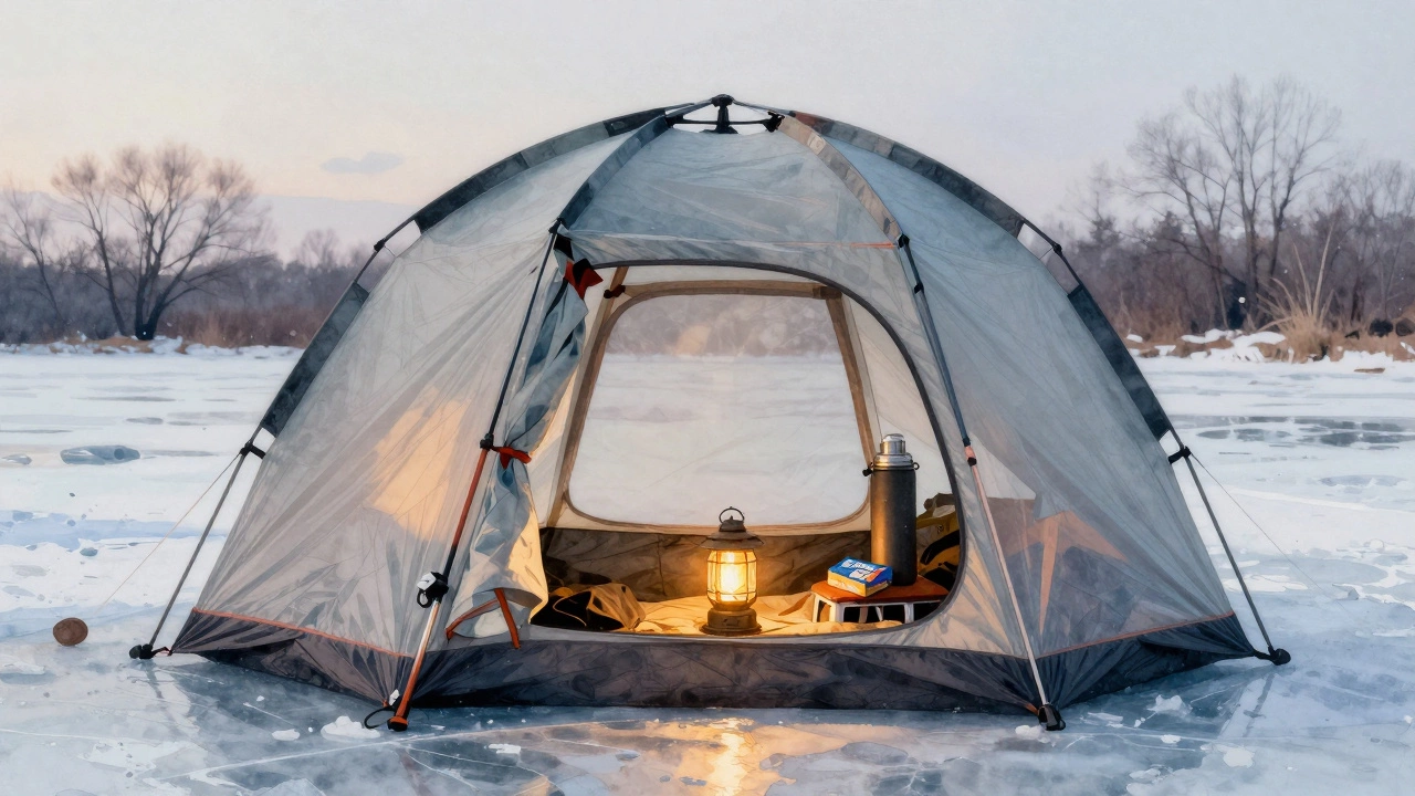 Уютный шатер с утепленной подкладкой на замерзшей реке