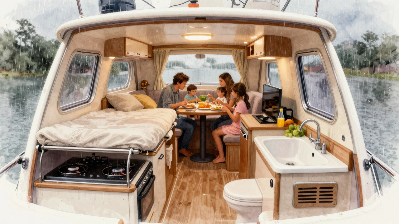 Восьмиметровая яхта с койкой, плитой и туалетом внутри, где семья готовит ужин.