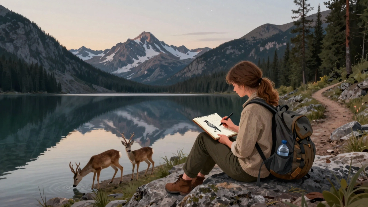 Женщина рисует птицу у озера Шавлинское, рядом с косулями в Алтайском заповеднике.