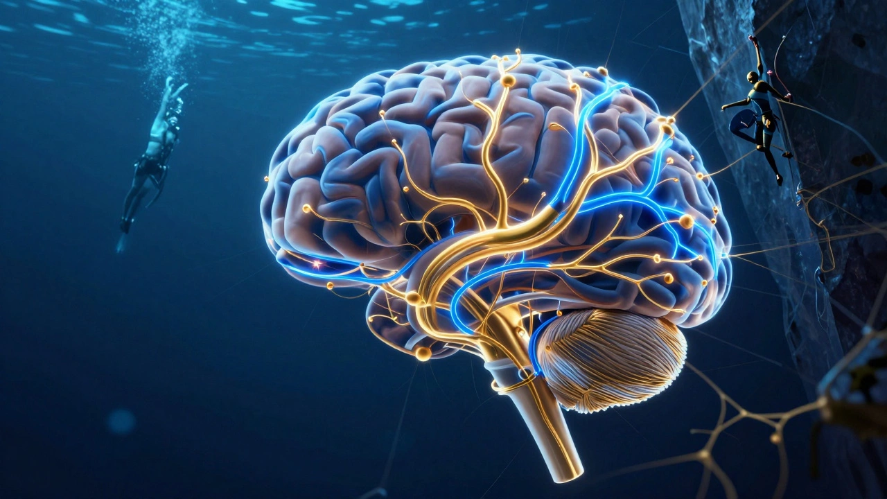 Абстрактная визуализация нейронов мозга с потоками дофамина и адреналина