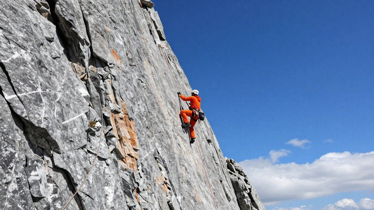 Альпинист в ярком снаряжении поднимается по отвесной скале