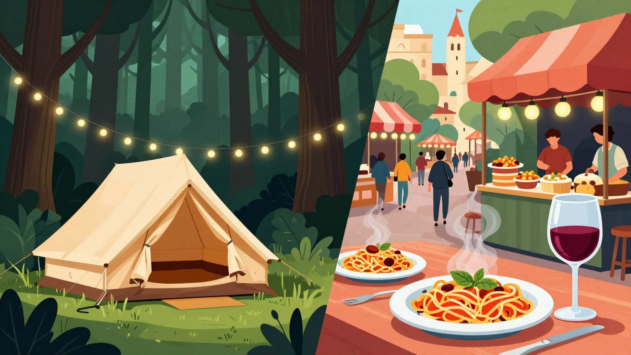 Коллаж с уютным глэмпингом в лесу и итальянским гастрономическим рынком