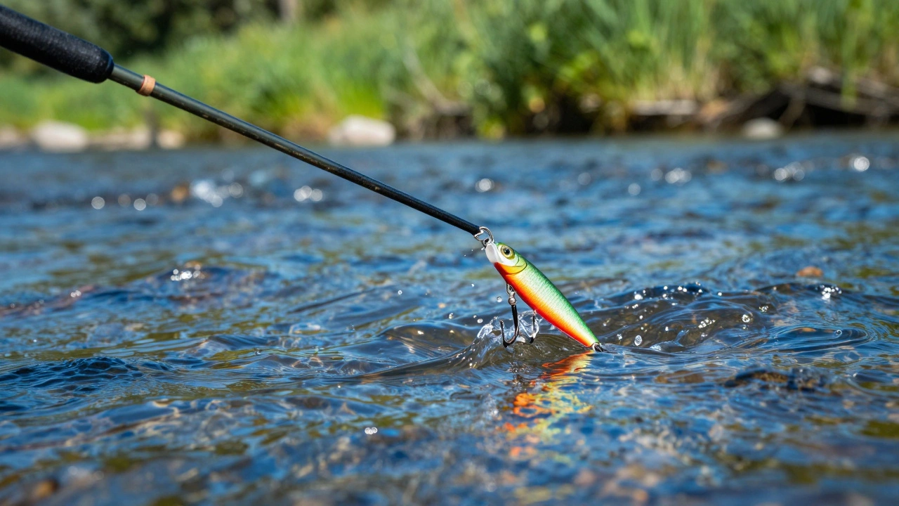 Крупный план спиннинга с искусственной приманкой в прозрачной воде реки