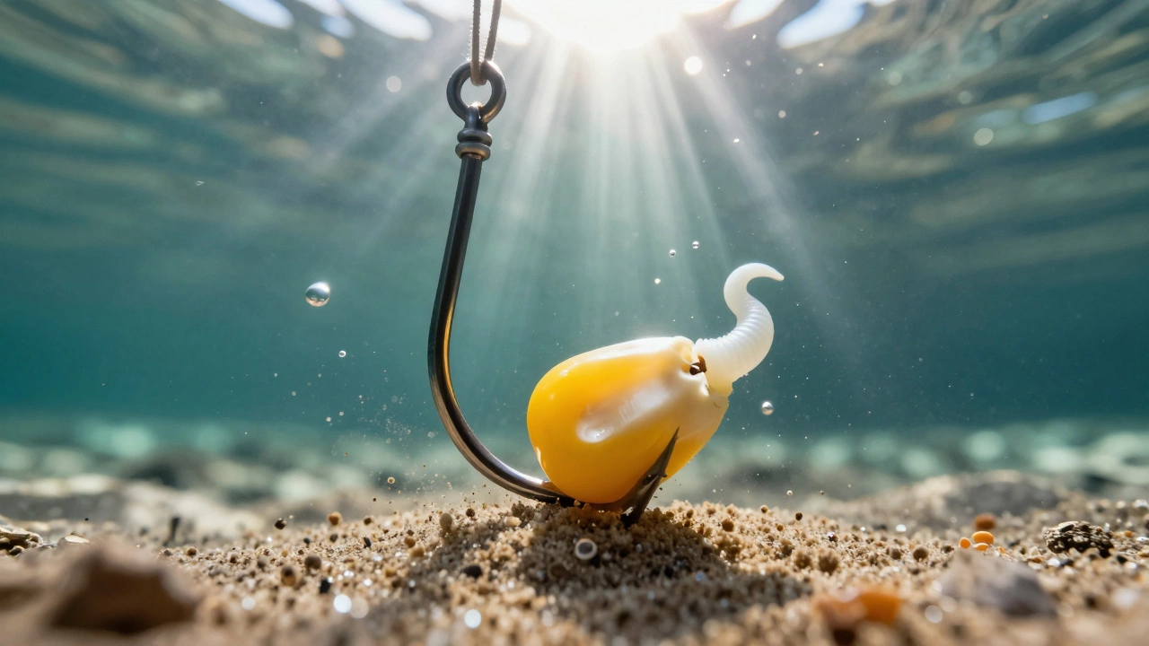 Макросъемка комбинированной насадки из кукурузы и опарыша под водой