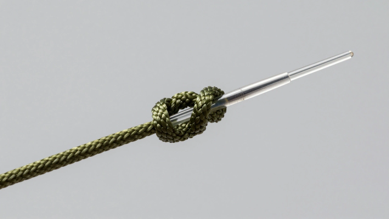 Макросъемка узла Олбрайт, соединяющего плетеный шнур и флюорокарбон