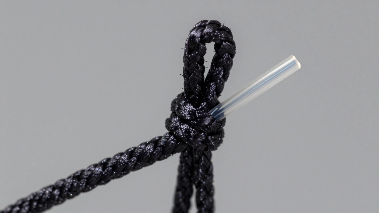 Макроснимок правильно завязанного узла Морковка из плетенки и флюорокарбона