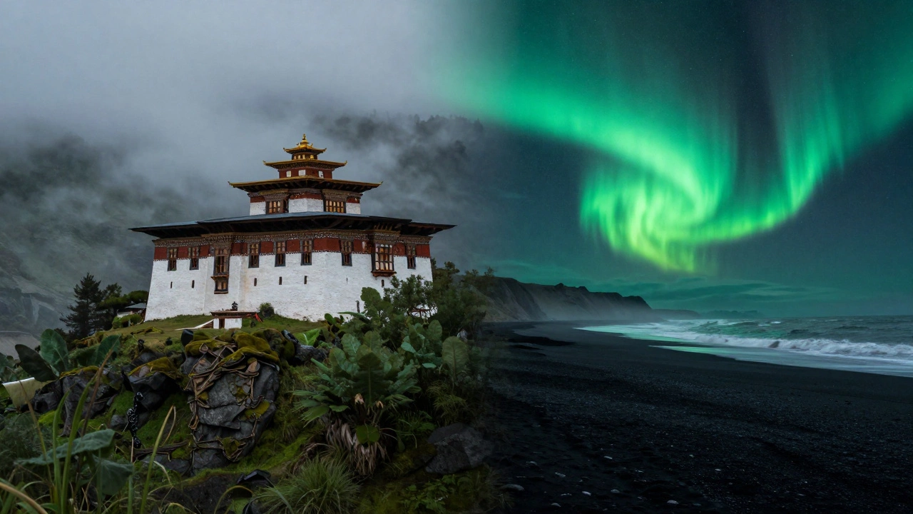 Пейзажи Бутана с древней крепостью и северное сияние в Исландии