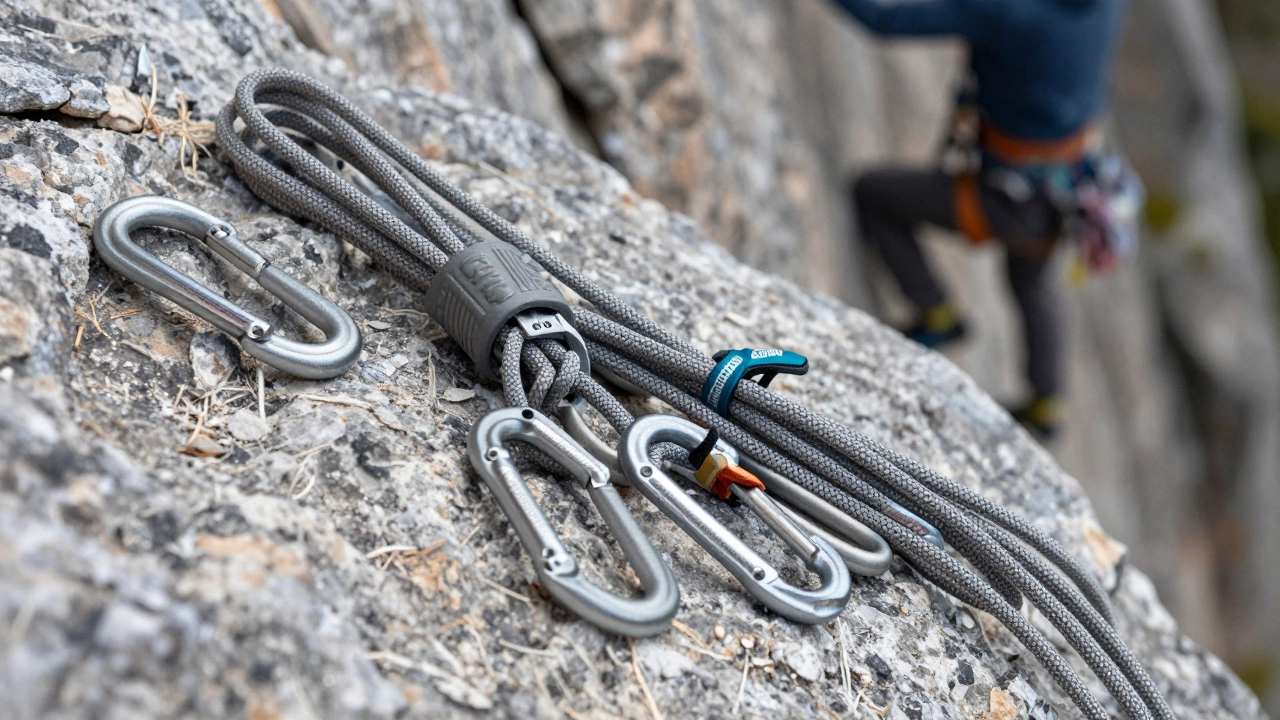 Профессиональное альпинистское снаряжение: веревка и карабины на скале