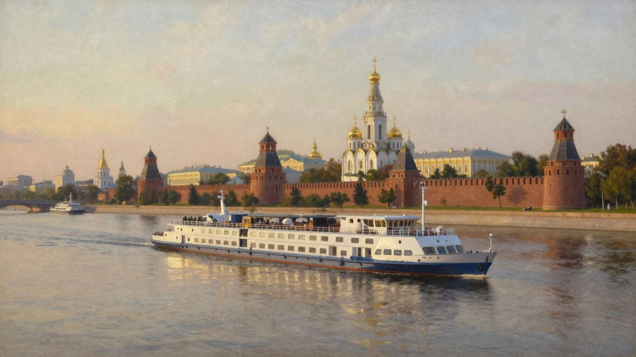 Речной круизный корабль на фоне исторических достопримечательностей и золотых куполов города на Волге