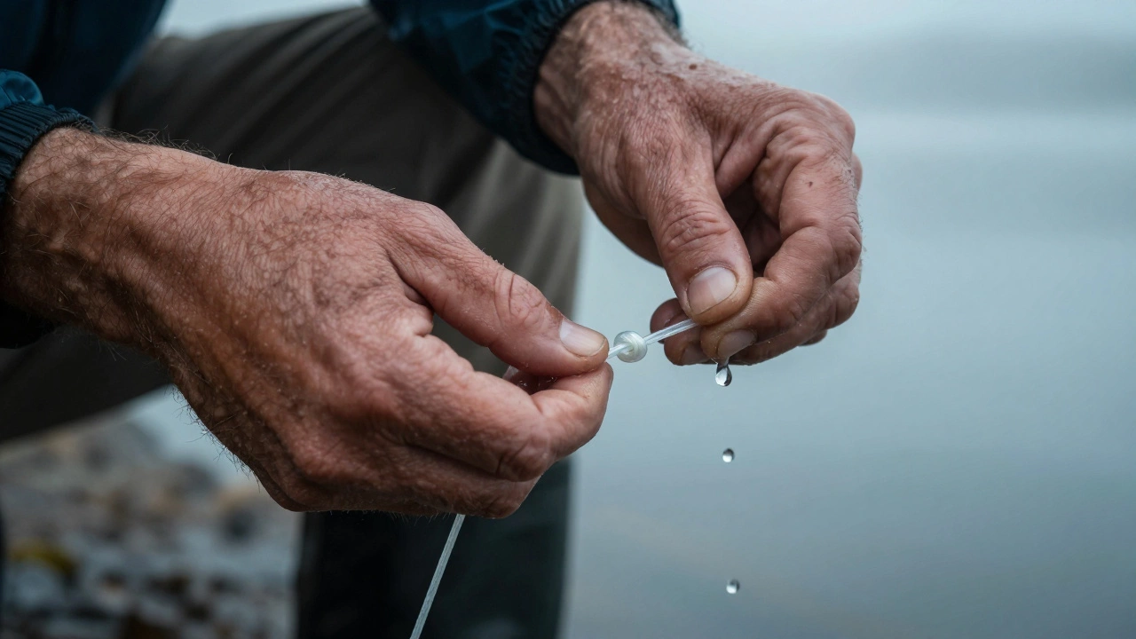 Руки рыболова аккуратно затягивают и смачивают леску водой при вязке узла