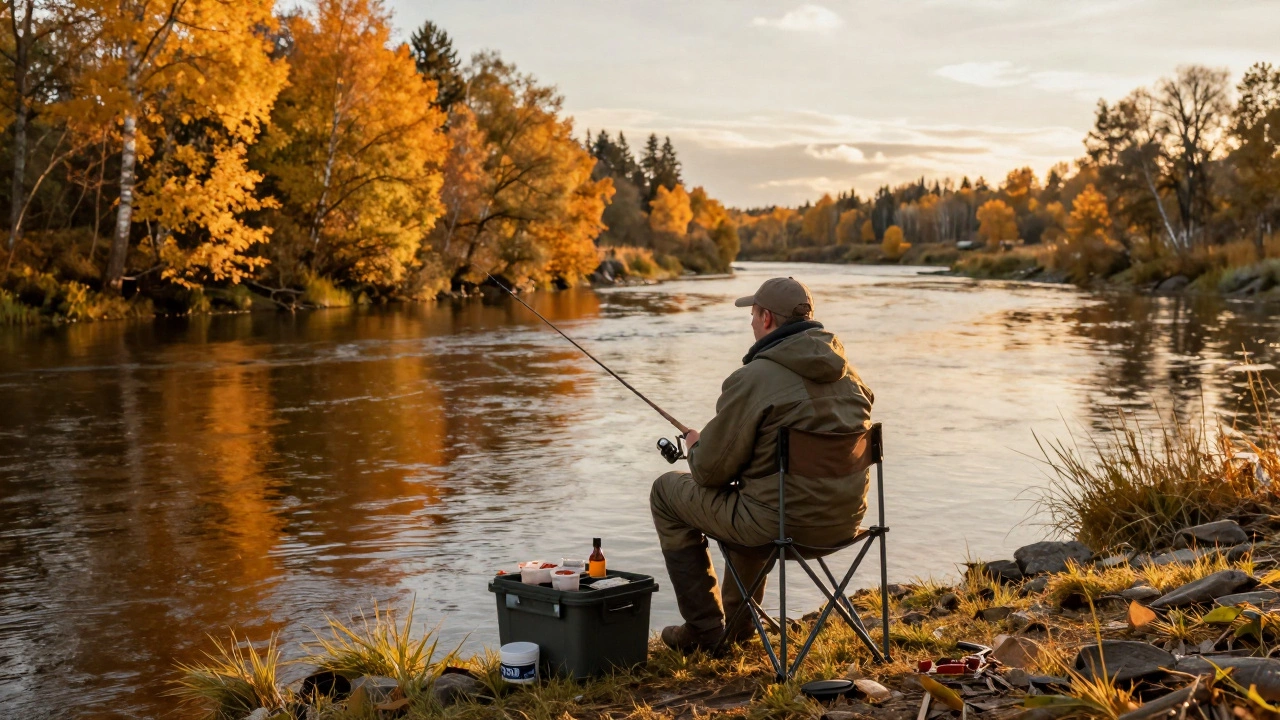 Рыбак с набором наживок на берегу осенней реки в золотых тонах