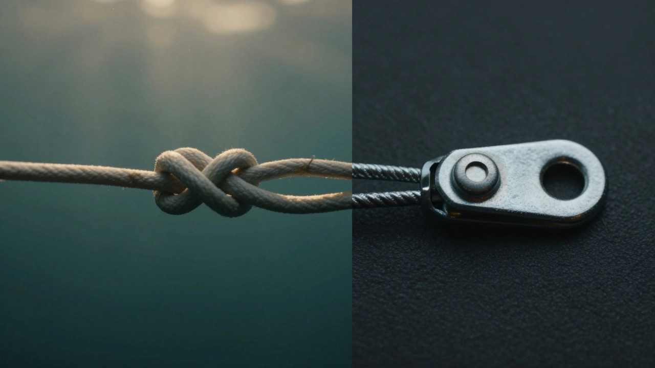 Сравнение незаметного рыболовного узла и металлического вертлюга с карабином