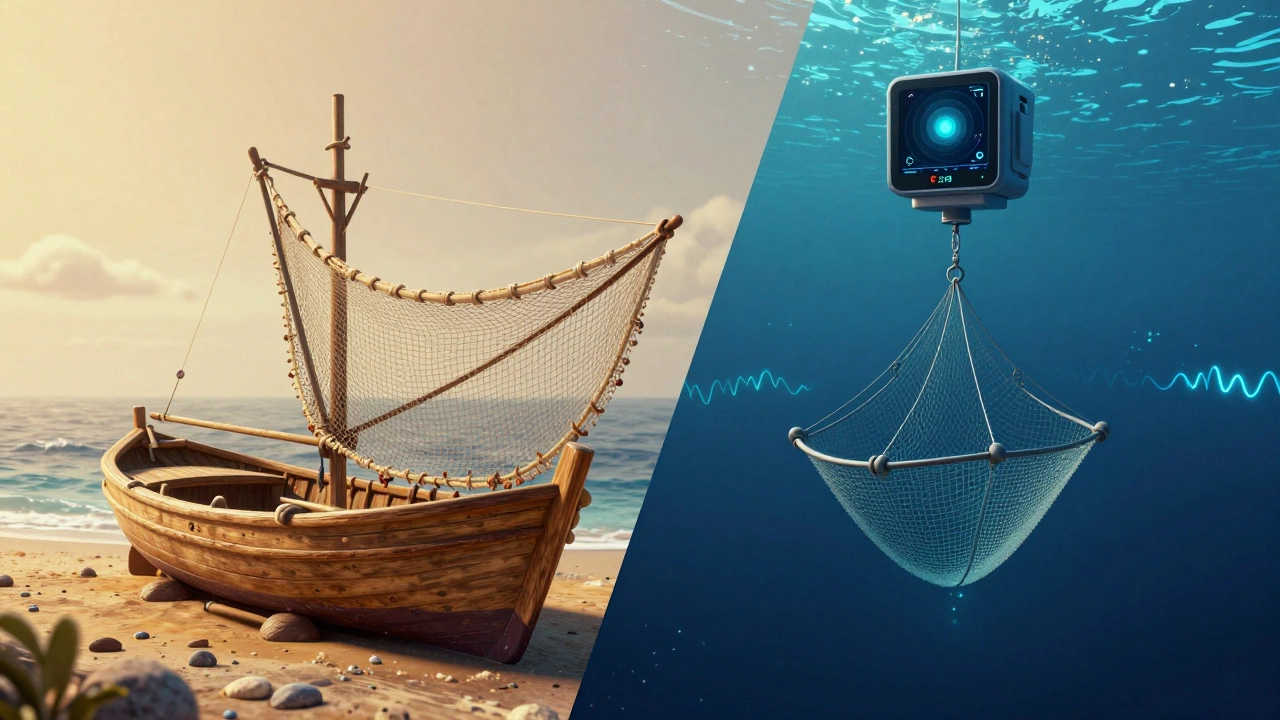 Сравнение традиционного рыболовства и современных сонаров в океане