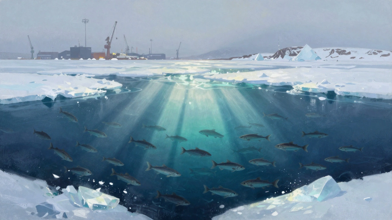 Стая трески в глубоких ледяных водах Баренцева моря