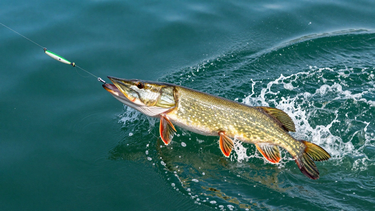 Щука выпрыгивает из воды, демонстрируя надежность узла Паломар на поводке