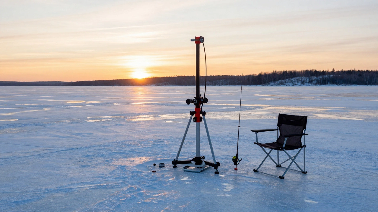 Зимний рыболовный набор с ледобуром на замерзшем озере на закате