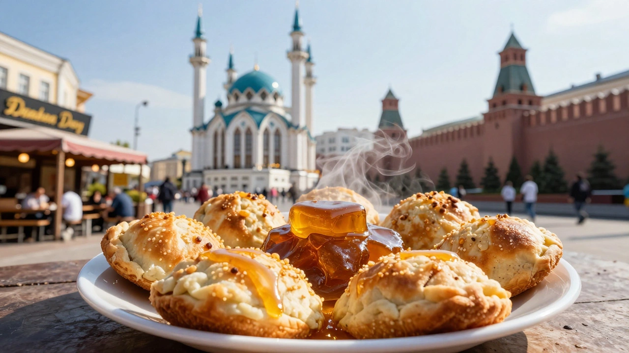 Татарская кухня и вид на Казанский Кремль на улице Баумана