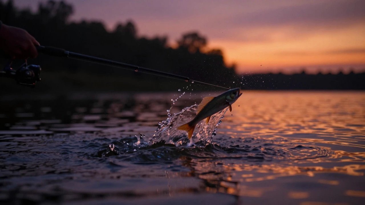 Рыбак забрасывает удочку на закате, ожидая поклевки щуки